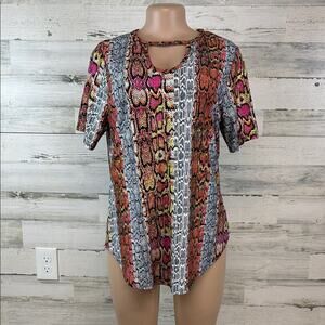 New Lucky & Blessed Animal Print Keyhole Neck Soft Stretchy Tee Women’s Size L